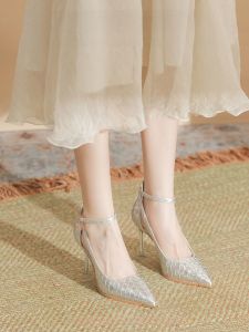 รองเท้าส้นสูงสีเงิน ผู้หญิง รองเท้าหัวเข็มขัดส้นแคบรองเท้าเดี่ยวตัดต่ําขนาดเล็ก 31 32 33 สไตล์เกาหลี ทันสมัย ลำลอง