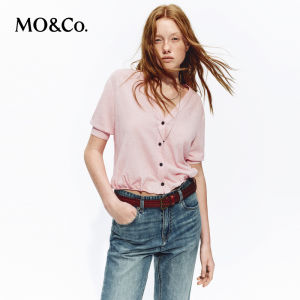 MO&Co. | French Style V-Neck Puffed Sleeves Knit Cardigan Light and Breathable Cotton-Linen
