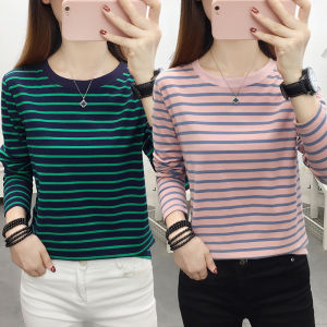 Slimming Effect Pure Cotton Long Sleeve round Neck Striped Fashionable T-Shirt Womens plus Size Versatile Base Shirt
