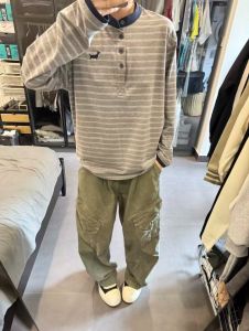 Áo Thun Dài Tay Cổ Henry American Retro Stripes Dáng Rộng Thoải Mái Cho Nam Mùa Xuân Thu Phong Cách Mới Đa Năng