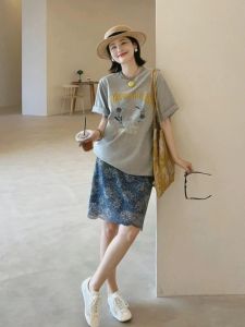 VKSOD | Bộ đồ hai mảnh thời trang mùa hè màu xanh áo thun tay ngắn phong cách Hàn Quốc cho nữ váy midi cạp cao thường ngày