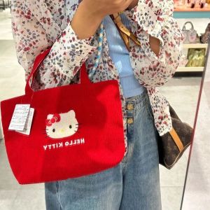 Adorable Corduroy HelloKitty Handbag Portable Outing Bento Bag Small Tote Shoulder Bag Sweet Style School Campus Use
