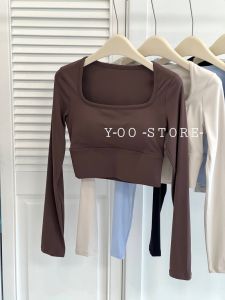 Slimming Yoga Long Sleeve U-Neck Womens T-Shirt with Chest Pad Sportswear Base Layer Top for Pilates Fitness Exercise