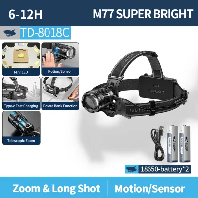 Smiling Shark ไฟสวมศีรษะกำลังสูง รุ่น M77 ความสว่าง 8400 LM แบบเซ็นเซอร์ สว่างมาก ชาร์จ Type-C ปรับระยะแสงได้ กันน้ำ เหมาะล่าสัตว์ ตกปลาและกิจกรรมกลางแจ้ง TD8018