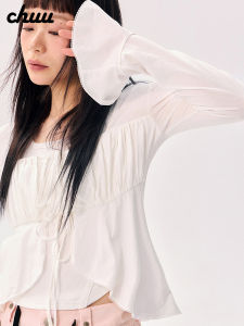 Chuu Womens Bell Sleeve V-Neck Chiffon Top Bow Tie Personality Pleated Summer New Arrival Sweet Spicy Anti-Aging Korean Style