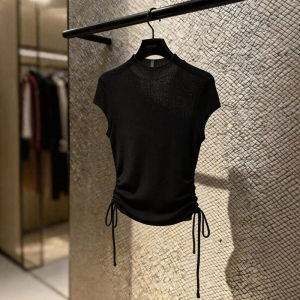 DUOFEIYAN | Black Half-Neck Cord Knit Short Sleeve T-Shirt Breathable Comfortable and Waist Cinched