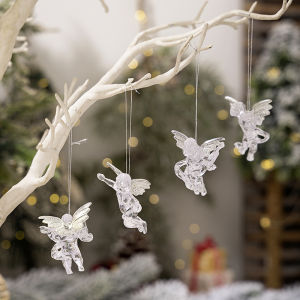 4Pcs Clear Acrylic Angel with Wings Christmas Ornaments Xmas Tree Hanging Pendant New Year Party Decors Gift