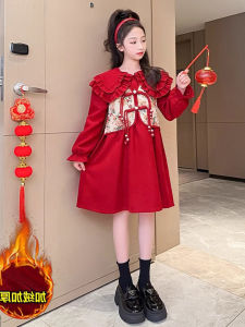 ชุดเดรสเจ้าหญิงผ้าขนแกะสำหรับเด็กผู้หญิง ชุดเดรสฤดูใบไม้ร่วงและฤดูหนาว ชุดเดรสเด็กผู้หญิงสีแดงสำหรับเด็กโต