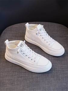 รองเท้าผ้าใบสีขาวส้นแบนหุ้มข้อสูงผู้หญิง หนังแท้ ฤดูใบไม้ผลิและฤดูใบไม้ร่วง สไตล์ใหม่ รองเท้าลำลอง ส้นแบน รองเท้าบอร์ด