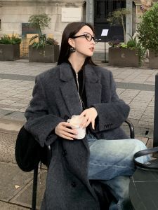 Gray Woolen Coat Womens 2024 New Autumn Winter Long Shoulder Hepburn Style Woolen Outerwear Korean Version Straight Cut