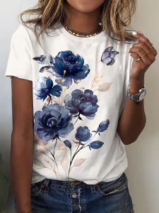 White & Navy Womens Tee - Blue Rose & Butterfly Graphic Elegant Watercolor Print Design for Casual Daily Wear