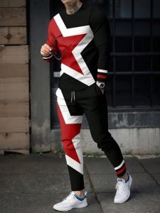 Fashionable mens summer striped pentagram print breathable round neck long sleeved pants set outdoor casual clothing