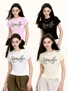 American Style Sweet Spicy Butterfly Print Short Sleeve T-Shirt Women Summer Dopaamine Fashion Small Size Versatile Short Top