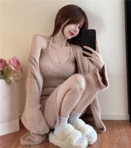 Set Len Lông Thỏ Áo Yếm + Chân Váy + Áo Khoác Siêu Xinh