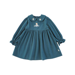 Sweet Cute Embroidered Rabbit Long Sleeve Cotton Blend Dress for Girls Childrens Moisture Wicking Lantern Sleeve Skirt
