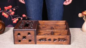 กล่องทิชชู่มัลติฟังก์ชั่น กล่องทิชชู่ไม้แข็งแรงและทนทาน กล่องทิชชู่พร้อมช่องเก็บของ เก็บรีโมท ฉลุต้นสักลายสวย