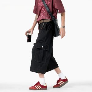 HetingHOME | Hetinghome Summer Trendy Couple Loose Mens American Sport Casual Pants Seven-Foot Length Workwear Polyester Fiber Zipper Waist