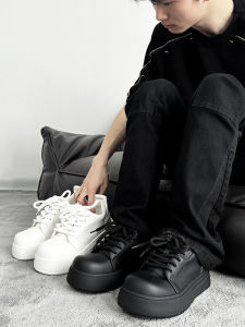 Couple Niche Style Thick Sole Black Board Shoes Male American Height Increasing Mickey Big Head Shoes Casual Easiest for Match Leather White Shoes Female