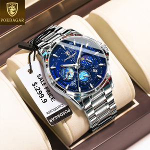 Poedagar นาฬิกาดั้งเดิมโครโนกราฟสำหรับกันน้ำผู้ชาย2024ใหม่หรูหรามัลติฟังก์ชั่นปฏิทินสเตนเลสท้องฟ้าเต็มไปด้วยดวงดาวนาฬิกาข้อมือหน้าปัดกลม