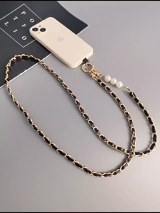 Phone Lanyard Fashion Design Womens Long Neck Shoulder Strap Case Universal Crossbody Pickup Chain Pearl Mobile Phone Multifunctional Anti-Lost Metal Braided Leather Strap Messenger Bags Long Lasting