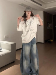 Áo Thun Tay Ngắn Hở Vai Phong Cách Mỹ Rộng Rãi Mùa Hè Cho Nữ Áo Thun Cotton in Họa Tiết Dáng Rộng Đa Năng Màu Trắng