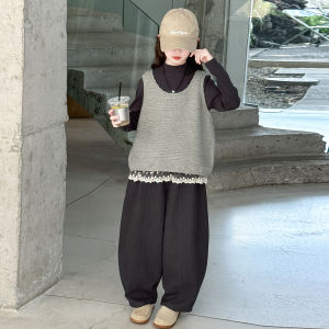MPW | Girls Spring Autumn Fashionable Ruffle Vest Wide Leg Pants Three Piece Set Korean Style Middle Large Childrens Clothing