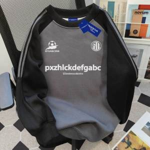 American High Street Graffiti Letter Print Three Bars Patchwork round Neck Sweatshirt Female Fall and Winter Loose Casual Long Sleeves Tops