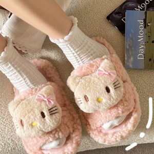 Hellokitty Cotton Slippers Cute Fluffy Slippers Womens Home Outwear Autumn and Winter Heattech Cartoon Hello Kitty Cotton Slippers