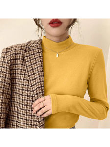2024 Winter Double-Sided Dralon Heating Base Shirt Female Fleece-lined Thickened Keep Warm Inner Match Stand Collar Long Sleeve Slim-Fit Top