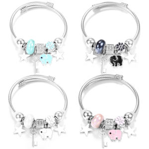 Mặt Dây Chuyền Hình Voi Đính Đá Pha Lê Vòng Tay Hạt Cườm Thép Không Gỉ 4 Màu Khóa Hình Voi Vòng Đeo Tay Nữ Trang Sức Thời Trang Cổ Điển