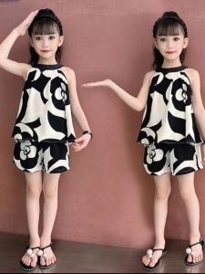 ชุดเดรสผ้าชีฟองแฟชั่นฤดูร้อนสำหรับเด็กผู้หญิง ชุดสองชิ้น ทรงบาง เดรสยาวปานกลาง ชุดฤดูร้อน ผ้าโพลีเอสเตอร์ ปกติ