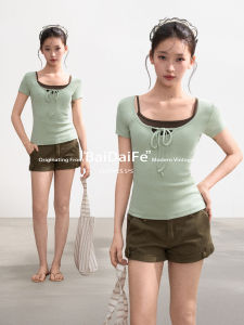 BAIDAIFEI | Square Neck Tie Fitted Short Sleeve T Shirt