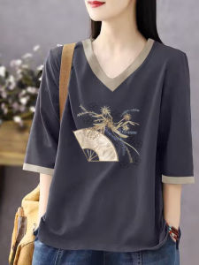 Casual Cotton Short Sleeve Womens T-shirt Base Layer Top Slimming Summer Fashionable Artistic plus Size Commute Style round Neck