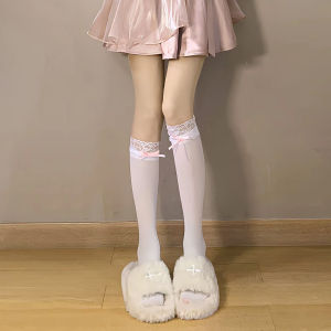 ⚡Amandad Stores⚡ถุงน่องลูกไม้บาง โบว์กำมะหยี่สีขาว ถุงเท้าสูงถึงเข่าแบบหวาน jk ของญี่ปุ่น และถุงเท้าป้องกันการกีดขวางในฤดูร้อน