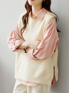 Spring 2025 Womens Knitted Sweater Vest round Neck Layering Top Pink Shirt Outerwear Fashion Commute Style Pure Color