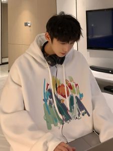 Retro Hong Kong Style Mens Hoodie Pure Cotton Fleece Lined Thickened Loose Fit Autumn Winter New Korean Style INS Trendy American Casual