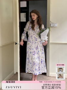 Spring Season Tencel Linen V-Neck Printed Long Sleeve Waist-Cinching Dress Womens Original Design New 2025 ZHUYIYI Dress