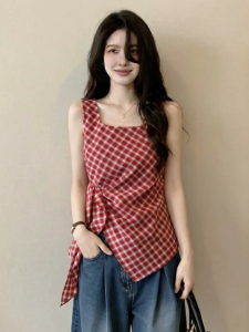 Plus Size Red Check Halter Top Summer Outwear Slimming