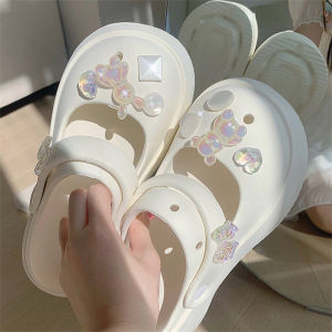 Sweet Fairy Hole Hole Slippers Fashionable Mary Janes Sandals Diamond Encrusted Outdoor Beach Shoes Cartoon Casual mid Heel
