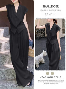 Shalldoer | Fashionable High Waist Wide Leg Pants Vest Set Womens Commute Casual Two Piece Suit V Neck Short Sleeve Long Pants