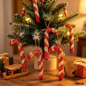 30/60Pcs Christmas Red Gold Glitter Candy Cane Ornaments Xmas Tree Hanging Pendants Home Party Holiday New Year Decor Gifts Supplies