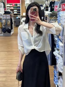 Fashionable Summer Womens Outfit Thin Collared Twist Knot Short Sleeve Long Shirt Black Strap Dress Thin Long Sleeve Sun Protection Shirt