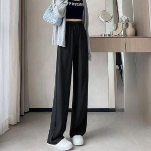 JIANGLU | New Casual Loose Womens Breathable Ice Silk Wide Leg Pants Slim Fit Lightweight Straight Cut Trousers High Waist Polyester Blend