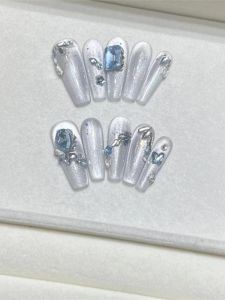 Handmade Long Cat Eye Blue Diamond Sparkling Star River Luxury False Nails Transparent Wearable Nail Art Tools Gentle Color Series