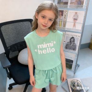 New Teen Girls Summer Girls Clothing Set Cute Letter Print Sleeveless T-shirt + Shorts 2Pcs Outfit For Kids Children Suit