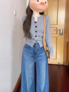 Gray V-Neck Knitted Sweater Long Sleeve Womens Style Korean High-End Unique Autumn Winter New Fashion Commute Slim Fit Top