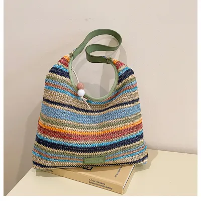 Rainbow Stripe Tote Bag Straw Large Capacity