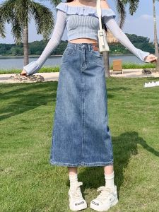 Retro Blue High Waist Denim Mini Dress Womens Autumn Winter New Model Elegant Loose A-Line Skirt with Zipper Back Slit