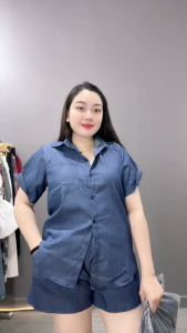 Set bộ sơ mi bigsize nữ sơ mi kiểu tay ngắn kèm quần đùi dáng A vintage vải jean giấy mềm mát - SET856