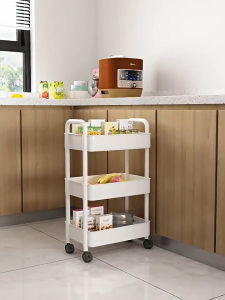 ชั้นวางของรถเข็นพลาสติก 3 ชั้น พร้อมล้อเลื่อน+ที่จับ รถเข็นเก็บของ เคลื่อนย้ายสะดวก วางของในครัว รุ่นฮิต